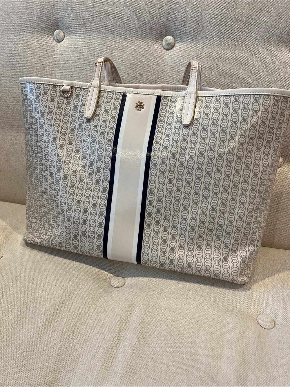 Tory Burch White Cream and Navy Stripe Logo-Print Tote